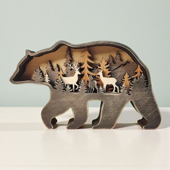 Layered Wooden Bear Decor with Floral Cutouts | 7.1 in Wall or Shelf Accent - Picture 3 of 6